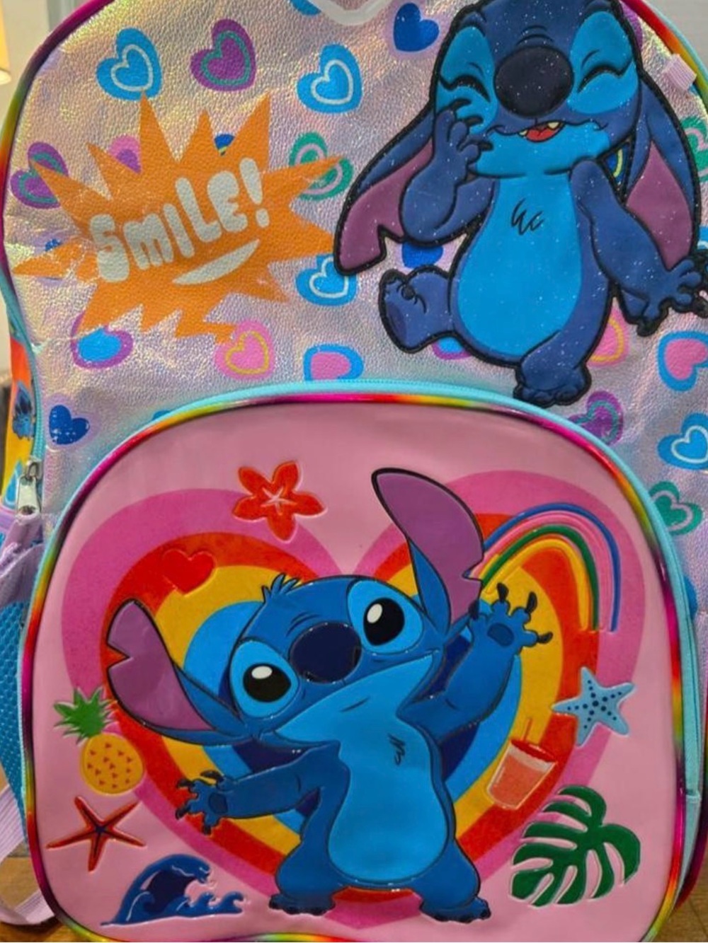 Disney Pink Kids Backpack with Blue Stitch and Rainbow Accents